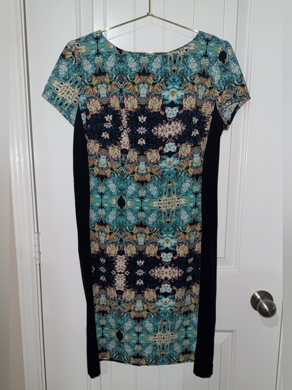 Xhilaration Teal Floral Mosaic Midi Dress with Black Panels